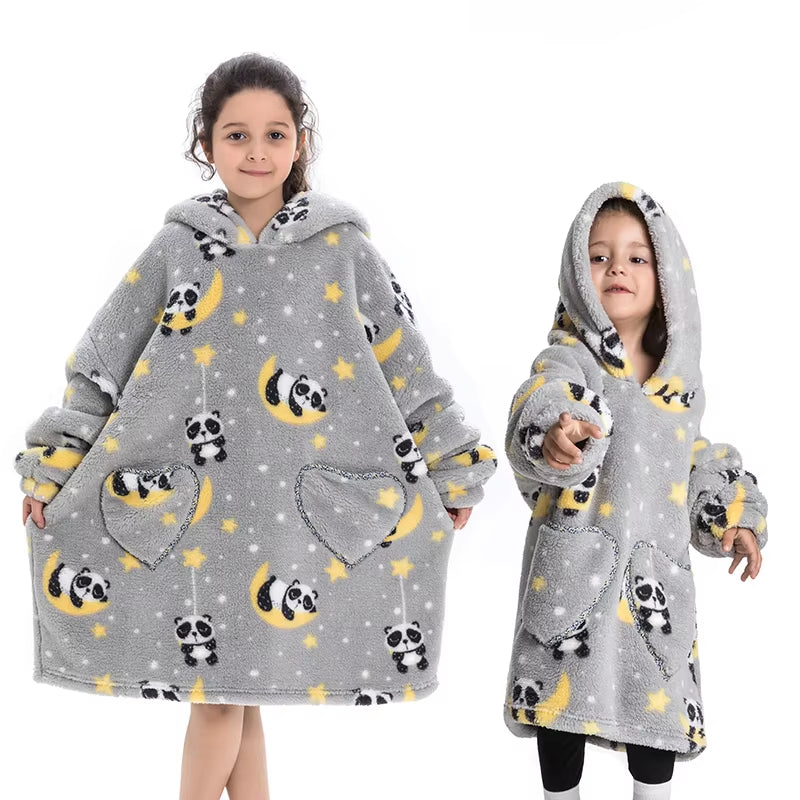 Kids Oversized Blanket Hoodie Winter Sweatshirt Hooded Panda Cat Shiba Inu Sweatshirt Boy Girl Baby Hoodies Super Warm Clothes