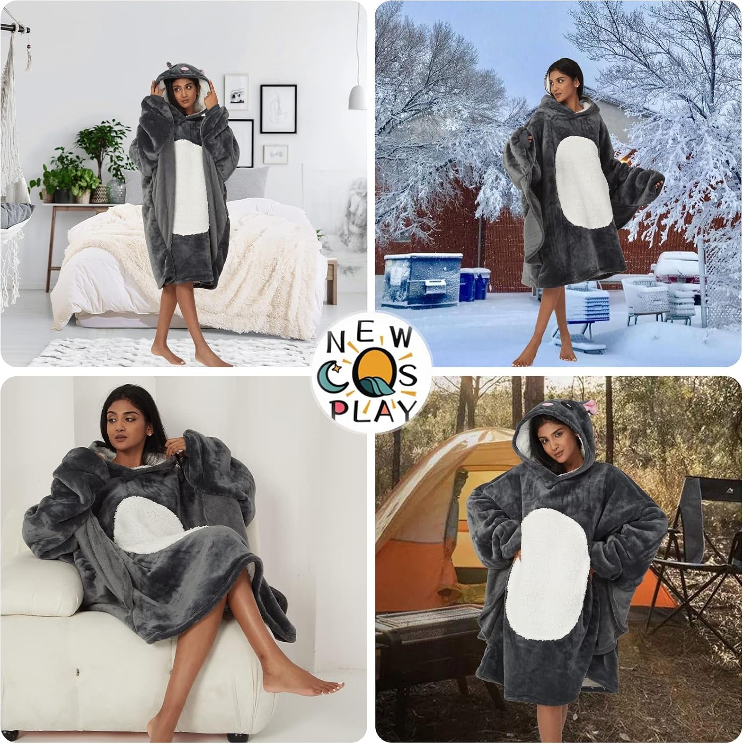 Unisex Flying Squirrel Wearable Hoodie Blanket Plush Sherpa Warm Sweatshirt with Pocket for Adults Kids Family (Grey Blanket Hoodie, Kids)