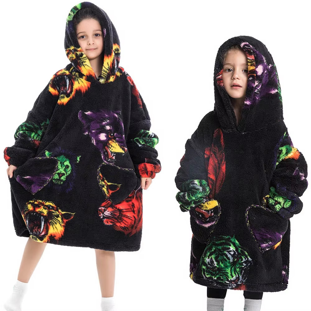 Kids Oversized Blanket Hoodie Winter Sweatshirt Hooded Panda Cat Shiba Inu Sweatshirt Boy Girl Baby Hoodies Super Warm Clothes